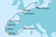 Visitando Hamburgo (Alemania), Dover (Inglaterra), Le Havre (Francia), La Coruña (Galicia/España), Oporto (Portugal), Lisboa (Portugal), Cádiz (España), Barcelona