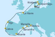 Visitando Kiel (Alemania), Copenhague (Dinamarca), Kristiansand (Noruega), Le Havre (Francia), Vigo (España), Lisboa (Portugal), Alicante (España), Barcelona, Marsella (Francia), Savona (Italia)