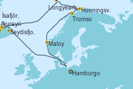 Visitando Hamburgo (Alemania), Stornoway (Isla de Lewis/Escocia), Seydisfjordur (Islandia), Akureyri (Islandia), Ísafjörður (Islandia), Longyearbyen (Noruega), Longyearbyen (Noruega), Honningsvag (Noruega), Tromso (Noruega), Maloy (Noruega), Hamburgo (Alemania)