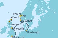 Visitando Hamburgo (Alemania), Newcastle (Reino Unido), Newhaven (Reino Unido), Invergordon (Escocia), Kirkwall (Escocia), Nordfjordeid, Vik (Noruega), Bergen (Noruega), Stavanger (Noruega), Hamburgo (Alemania)