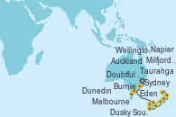 Visitando Sydney (Australia), Eden (Nueva Gales), Burnie (Tasmania/Australia), Melbourne (Australia), Milfjord Sound (Nueva Zelanda), Dusky Sound (Nueva Zelanda), Doubtful Sound (Nueva Zelanda), Dunedin (Nueva Zelanda), Wellington (Nueva Zelanda), Napier (Nueva Zelanda), Tauranga (Nueva Zelanda), Auckland (Nueva Zelanda)