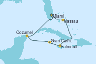 Visitando Miami (Florida/EEUU), Nassau (Bahamas), Falmouth (Jamaica), Gran Caimán (Islas Caimán), Cozumel (México), Miami (Florida/EEUU)