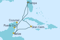 Visitando Tampa (Florida), Gran Caimán (Islas Caimán), Belize (Caribe), Cozumel (México), Puerto Costa Maya (México), Tampa (Florida)