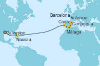 Visitando Galveston (Texas), Nassau (Bahamas), Cádiz (España), Málaga, Cartagena (Murcia), Valencia, Barcelona