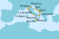 Visitando Civitavecchia (Roma), La Spezia, Florencia y Pisa (Italia), Portofino (Italia), Nápoles (Italia), Messina (Sicilia), Brindisi (Italia), Kotor (Montenegro), Dubrovnik (Croacia), Split (Croacia), Ravenna (Italia)