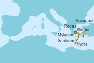 Visitando Atenas (Grecia), Rodas (Grecia), Kusadasi (Efeso/Turquía), Mykonos (Grecia), Santorini (Grecia), Hydra (Grecia), Atenas (Grecia)