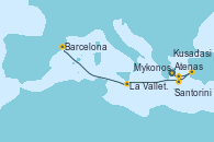 Visitando Atenas (Grecia), Santorini (Grecia), Mykonos (Grecia), Kusadasi (Efeso/Turquía), La Valletta (Malta), Barcelona