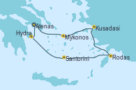 Visitando Atenas (Grecia), Mykonos (Grecia), Kusadasi (Efeso/Turquía), Rodas (Grecia), Santorini (Grecia), Hydra (Grecia), Atenas (Grecia)