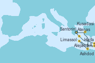 Visitando Atenas (Grecia), Kusadasi (Efeso/Turquía), Alejandría (Egipto), Alejandría (Egipto), Limassol (Chipre), Ashdod (Israel), Haifa (Israel), Santorini (Grecia), Atenas (Grecia)