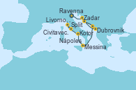 Visitando Ravenna (Italia), Zadar (Croacia), Dubrovnik (Croacia), Split (Croacia), Kotor (Montenegro), Messina (Sicilia), Nápoles (Italia), Livorno, Pisa y Florencia (Italia), Livorno, Pisa y Florencia (Italia), Civitavecchia (Roma)