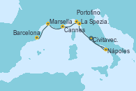 Visitando Civitavecchia (Roma), Nápoles (Italia), La Spezia, Florencia y Pisa (Italia), La Spezia, Florencia y Pisa (Italia), Portofino (Italia), Cannes (Francia), Marsella (Francia), Barcelona