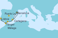 Visitando Barcelona, Cartagena (Murcia), Puerto Leixões (Portugal), Lisboa (Portugal), Tánger (Marruecos), Málaga, Barcelona
