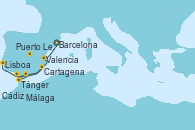 Visitando Barcelona, Valencia, Cartagena (Murcia), Málaga, Cádiz (España), Tánger (Marruecos), Puerto Leixões (Portugal), Lisboa (Portugal)