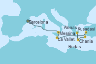 Visitando Barcelona, Messina (Sicilia), La Valletta (Malta), Kusadasi (Efeso/Turquía), Rodas (Grecia), Chania (Creta/Grecia), Atenas (Grecia)