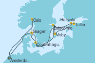 Visitando Ámsterdam (Holanda), Oslo (Noruega), Skagen (Dinamarca), Estocolmo (Suecia), Visby (Suecia), Tallin (Estonia), Helsinki (Finlandia), Copenhague (Dinamarca), Copenhague (Dinamarca), Ámsterdam (Holanda)