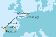 Visitando Southampton (Inglaterra), Zeebrugge (Bruselas), La Coruña (Galicia/España), Puerto Leixões (Portugal), Vigo (España), Bilbao (España), Southampton (Inglaterra)