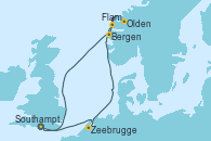 Visitando Southampton (Inglaterra), Zeebrugge (Bruselas), Olden (Noruega), Flam (Noruega), Bergen (Noruega), Southampton (Inglaterra)
