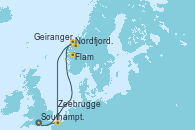 Visitando Southampton (Inglaterra), Nordfjordeid, Flam (Noruega), Geiranger (Noruega), Zeebrugge (Bruselas), Southampton (Inglaterra)