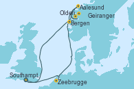 Visitando Southampton (Inglaterra), Zeebrugge (Bruselas), Olden (Noruega), Geiranger (Noruega), Aalesund (Noruega), Bergen (Noruega), Southampton (Inglaterra)