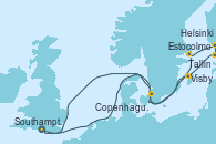 Visitando Southampton (Inglaterra), Copenhague (Dinamarca), Copenhague (Dinamarca), Estocolmo (Suecia), Helsinki (Finlandia), Tallin (Estonia), Visby (Suecia), Southampton (Inglaterra)