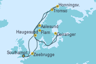 Visitando Southampton (Inglaterra), Zeebrugge (Bruselas), Flam (Noruega), Tromso (Noruega), Honningsvag (Noruega), Geiranger (Noruega), Aalesund (Noruega), Haugesund (Noruega), Southampton (Inglaterra)
