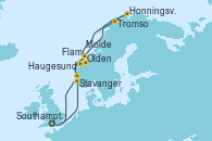 Visitando Southampton (Inglaterra), Haugesund (Noruega), Flam (Noruega), Olden (Noruega), Tromso (Noruega), Honningsvag (Noruega), Molde (Noruega), Stavanger (Noruega), Southampton (Inglaterra)