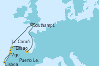 Visitando Southampton (Inglaterra), La Coruña (Galicia/España), Vigo (España), Puerto Leixões (Portugal), Lisboa (Portugal), Bilbao (España), Southampton (Inglaterra)