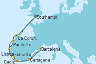 Visitando Southampton (Inglaterra), Puerto Leixões (Portugal), Lisboa (Portugal), Cádiz (España), Barcelona, Cartagena (Murcia), Gibraltar (Inglaterra), La Coruña (Galicia/España), Southampton (Inglaterra)