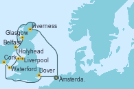 Visitando Ámsterdam (Holanda), Dover (Inglaterra), Cork (Irlanda), Waterford (Irlanda), Holyhead (Gales/Reino Unido), Liverpool (Reino Unido), Belfast (Irlanda), Glasgow (Escocia), Inverness (Escocia), Ámsterdam (Holanda)