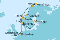 Visitando Southampton (Inglaterra), Stavanger (Noruega), Olden (Noruega), Molde (Noruega), Trondheim (Noruega), Honningsvag (Noruega), Tromso (Noruega), Geiranger (Noruega), Flam (Noruega), Rotterdam (Holanda), Southampton (Inglaterra)
