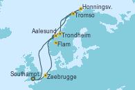 Visitando Southampton (Inglaterra), Zeebrugge (Bruselas), Aalesund (Noruega), Flam (Noruega), Tromso (Noruega), Honningsvag (Noruega), Trondheim (Noruega), Southampton (Inglaterra)