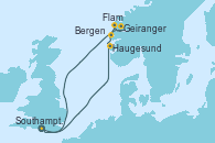 Visitando Southampton (Inglaterra), Haugesund (Noruega), Flam (Noruega), Geiranger (Noruega), Bergen (Noruega), Southampton (Inglaterra)
