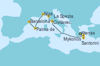 Visitando Atenas (Grecia), Santorini (Grecia), Mykonos (Grecia), Civitavecchia (Roma), La Spezia, Florencia y Pisa (Italia), Niza (Francia), Palma de Mallorca (España), Barcelona