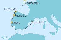 Visitando Barcelona, Lisboa (Portugal), Puerto Leixões (Portugal), Puerto Leixões (Portugal), La Coruña (Galicia/España), Southampton (Inglaterra)