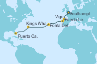 Visitando Southampton (Inglaterra), Vigo (España), Puerto Leixões (Portugal), Ponta Delgada (Azores), Kings Wharf (Bermudas), Puerto Cañaveral (Florida)