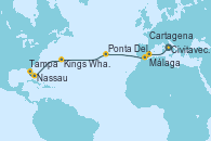 Visitando Civitavecchia (Roma), Cartagena (Murcia), Málaga, Ponta Delgada (Azores), Kings Wharf (Bermudas), Nassau (Bahamas), Tampa (Florida)