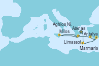 Visitando Atenas (Grecia), Limassol (Chipre), Antalya (Turquía), Marmaris (Turquía), Aghios Nikolaos (Grecia), Milos (Grecia), Atenas (Grecia)