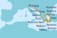 Visitando VENICE (FUSINA) - ITALY, Vodice (Croacia), Kotor (Montenegro), Corfú (Grecia), Sami (Cefalonia/Grecia), Nafplion (Grecia), Atenas (Grecia), Scíathos (Grecia), Kavala (Grecia), Dikili (Turquía), Bodrum (Turquia), Santorini (Grecia), Atenas (Grecia), Mykonos (Grecia), Santorini (Grecia), Bodrum (Turquia), Kusadasi (Efeso/Turquía), Patmos (Grecia), Atenas (Grecia)