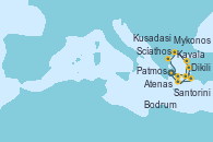 Visitando Atenas (Grecia), Scíathos (Grecia), Kavala (Grecia), Dikili (Turquía), Bodrum (Turquia), Santorini (Grecia), Atenas (Grecia), Mykonos (Grecia), Santorini (Grecia), Bodrum (Turquia), Kusadasi (Efeso/Turquía), Patmos (Grecia), Atenas (Grecia)