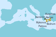 Visitando Atenas (Grecia), Mykonos (Grecia), Santorini (Grecia), Bodrum (Turquia), Kusadasi (Efeso/Turquía), Patmos (Grecia), Atenas (Grecia)