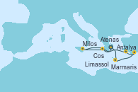 Visitando Atenas (Grecia), Limassol (Chipre), Antalya (Turquía), Marmaris (Turquía), Cos (Grecia), Milos (Grecia), Atenas (Grecia)