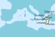 Visitando Atenas (Grecia), Mykonos (Grecia), Estambul (Turquía), Estambul (Turquía), Limassol (Chipre), Alanya, Turkey, Rodas (Grecia), Rodas (Grecia), Kusadasi (Efeso/Turquía), Atenas (Grecia)