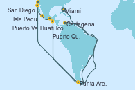 Visitando Miami (Florida/EEUU), Isla Pequeña (San Salvador/Bahamas), Cartagena de Indias (Colombia), Punta Arenas (Chile), Puerto Quetzal (Guatemala), Huatulco (México), Puerto Vallarta (México), San Diego (California/EEUU)