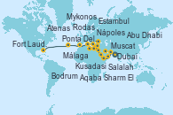 Visitando Dubai, Abu Dhabi (Emiratos Árabes Unidos), Muscat (Omán), Salalah (Omán), Sharm El Sheik (Egipto), Aqaba (Jordania), Rodas (Grecia), Bodrum (Turquia), Kusadasi (Efeso/Turquía), Estambul (Turquía), Estambul (Turquía), Mykonos (Grecia), Atenas (Grecia), Nápoles (Italia), Málaga, Ponta Delgada (Azores), Fort Lauderdale (Florida/EEUU)