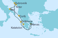 Visitando Atenas (Grecia), Cefalonia (Grecia), Dubrovnik (Croacia), Dubrovnik (Croacia), Kotor (Montenegro), Bari (Italia), Corfú (Grecia), Katakolon (Olimpia/Grecia), Atenas (Grecia)