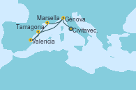 Visitando Civitavecchia (Roma), Génova (Italia), Marsella (Francia), Valencia, Tarragona (España), Génova (Italia)