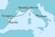 Visitando Civitavecchia (Roma), Génova (Italia), Marsella (Francia), Valencia, Tarragona (España), Génova (Italia)