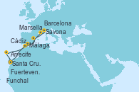 Visitando Santa Cruz de Tenerife (España), Funchal (Madeira), Barcelona, Marsella (Francia), Savona (Italia), Málaga, Cádiz (España), Arrecife (Lanzarote/España), Fuerteventura (Canarias/España), Santa Cruz de Tenerife (España)