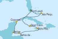 Visitando Fort Lauderdale (Florida/EEUU), Isla Pequeña (San Salvador/Bahamas), Cozumel (México), Belize (Caribe), Bahia de Mahogany (Honduras), Ocho Ríos (Jamaica), Gran Caimán (Islas Caimán), Fort Lauderdale (Florida/EEUU)
