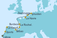 Visitando Lisboa (Portugal), Oporto (Portugal), La Coruña (Galicia/España), Bilbao (España), Burdeos (Francia), La Rochelle (Francia), Ijmuiden (Ámsterdam), Zeebrugge (Bruselas), Le Havre (Francia)